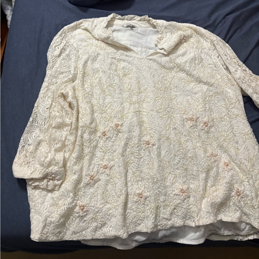 John Mark Cream Lace Trim Blouse